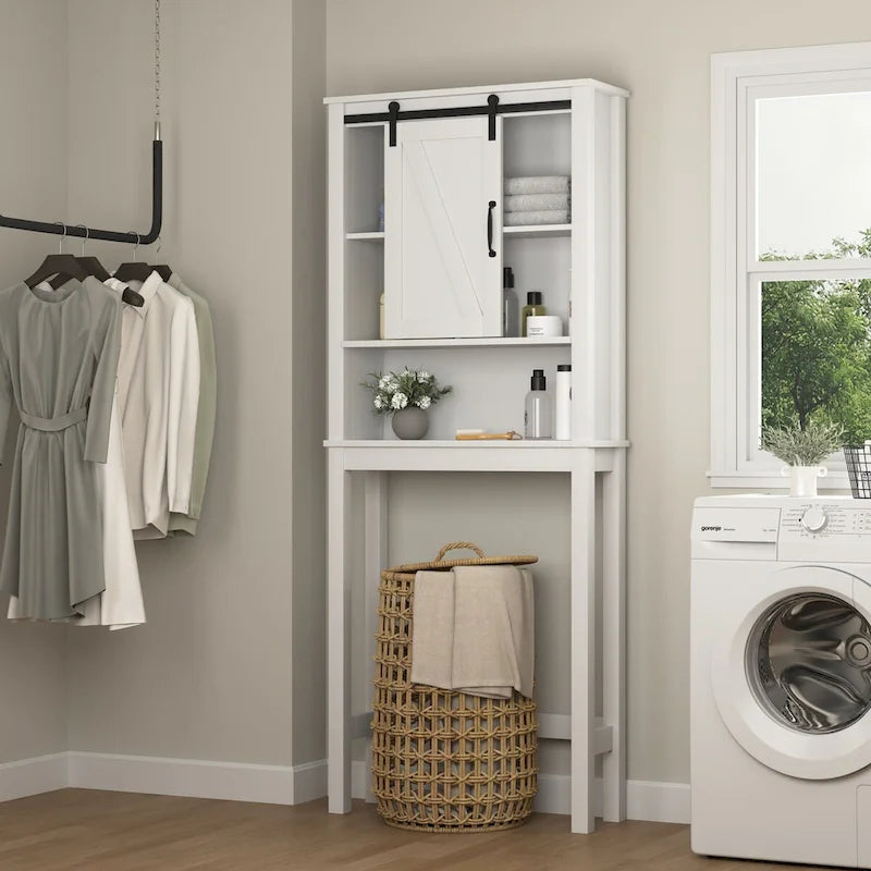 Meuble de rangement pour toilettes avec porte coulissante type « porte de grange », étagères réglables, blanc