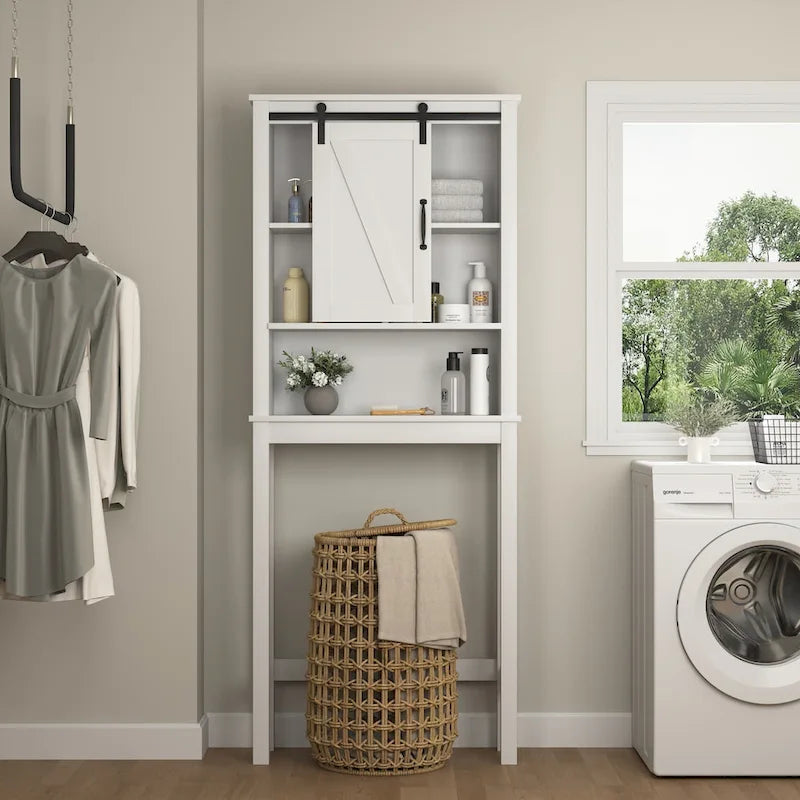 Meuble de rangement pour toilettes avec porte coulissante type « porte de grange », étagères réglables, blanc