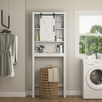Meuble de rangement pour toilettes avec porte coulissante type « porte de grange », étagères réglables, blanc