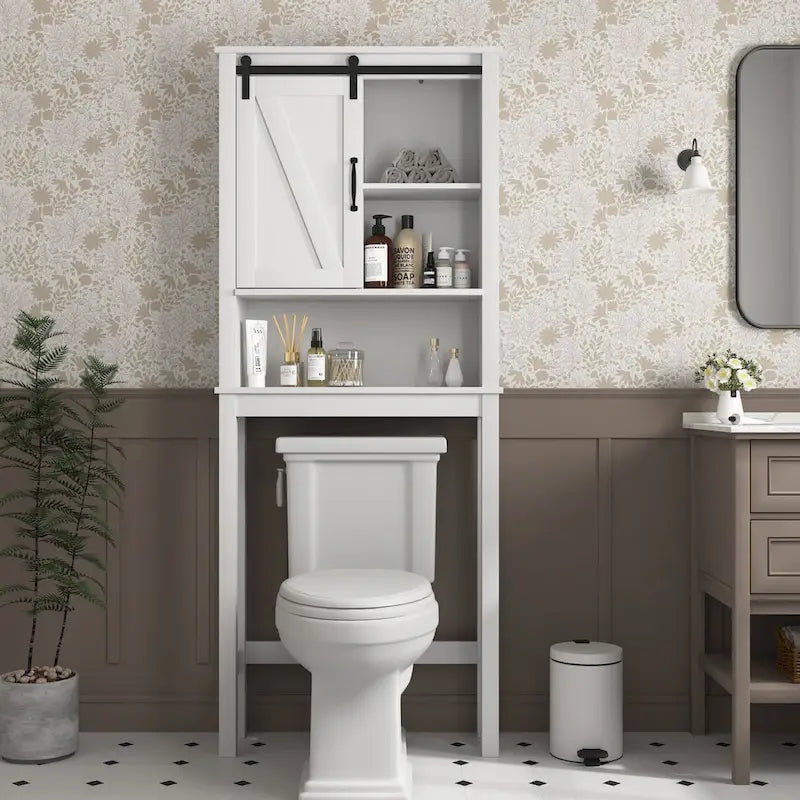 Meuble de rangement pour toilettes avec porte coulissante type « porte de grange », étagères réglables, blanc