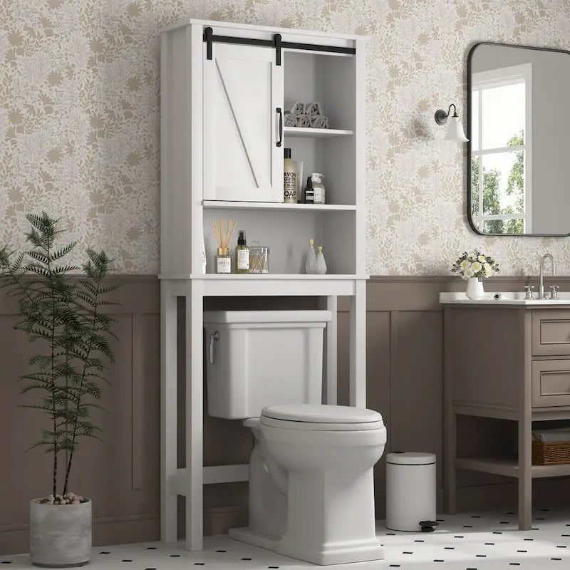 Meuble de rangement pour toilettes avec porte coulissante type « porte de grange », étagères réglables, blanc