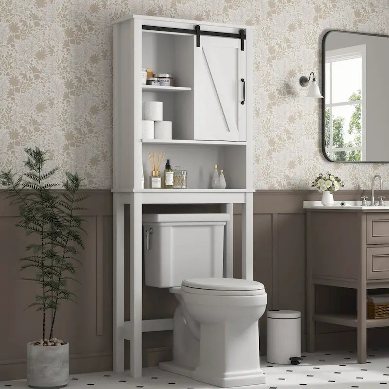 Meuble de rangement pour toilettes avec porte coulissante type « porte de grange », étagères réglables, blanc