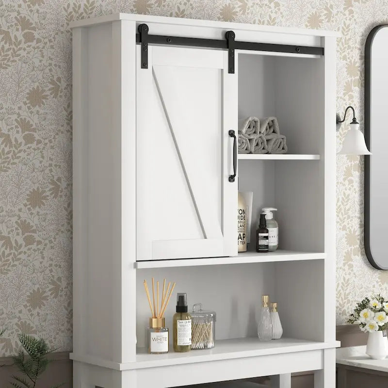 Meuble de rangement pour toilettes avec porte coulissante type « porte de grange », étagères réglables, blanc