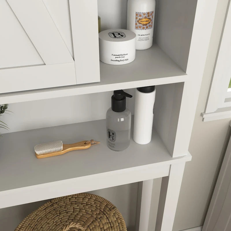 Meuble de rangement pour toilettes avec porte coulissante type « porte de grange », étagères réglables, blanc
