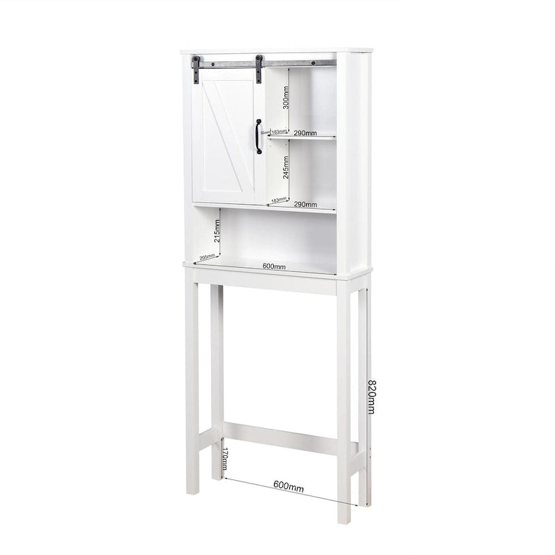 Meuble de rangement pour toilettes avec porte coulissante type « porte de grange », étagères réglables, blanc