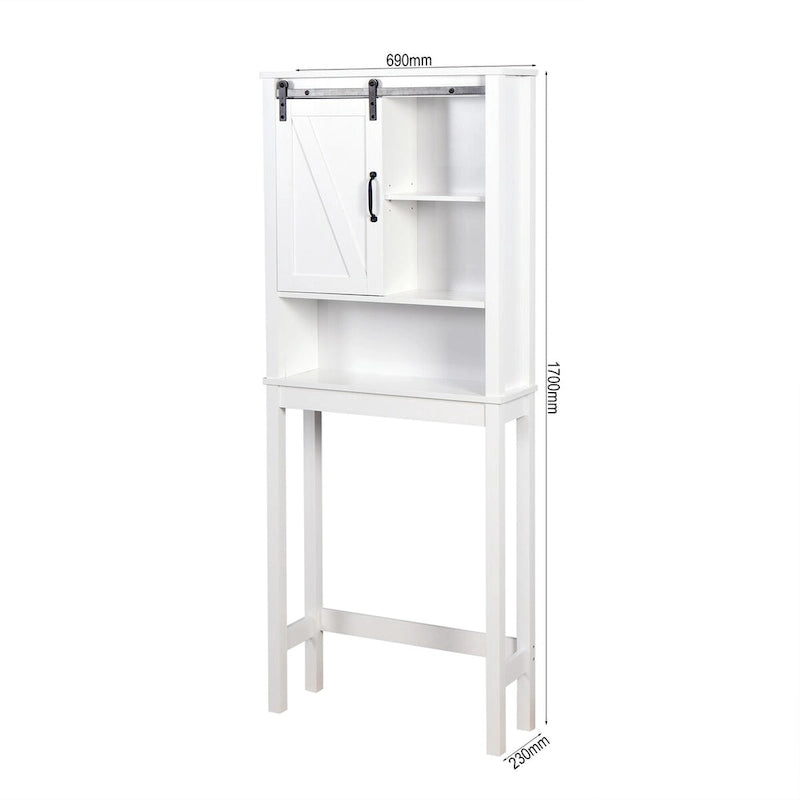 Meuble de rangement pour toilettes avec porte coulissante type « porte de grange », étagères réglables, blanc