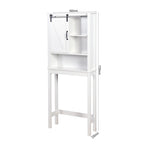 Meuble de rangement pour toilettes avec porte coulissante type « porte de grange », étagères réglables, blanc
