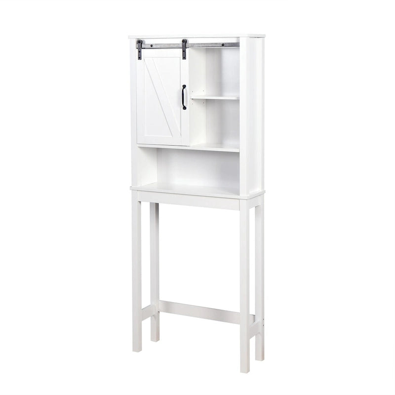 Meuble de rangement pour toilettes avec porte coulissante type « porte de grange », étagères réglables, blanc