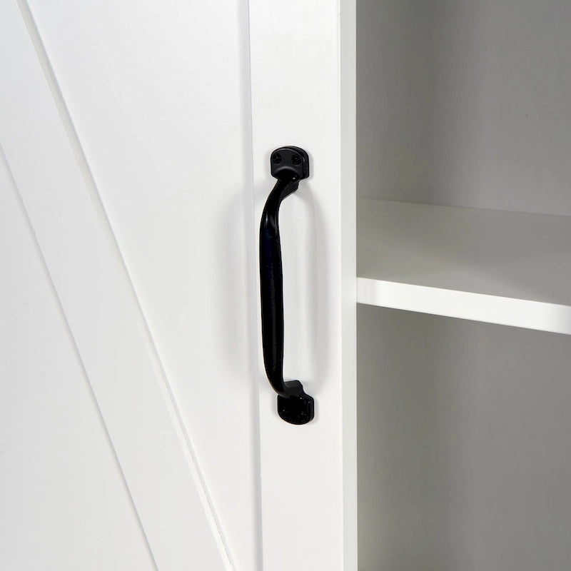 Meuble de rangement pour toilettes avec porte coulissante type « porte de grange », étagères réglables, blanc