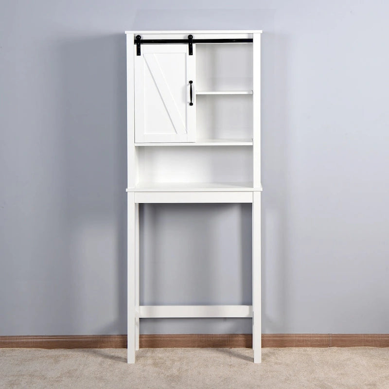 Meuble de rangement pour toilettes avec porte coulissante type « porte de grange », étagères réglables, blanc