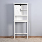 Meuble de rangement pour toilettes avec porte coulissante type « porte de grange », étagères réglables, blanc