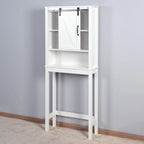 Meuble de rangement pour toilettes avec porte coulissante type « porte de grange », étagères réglables, blanc