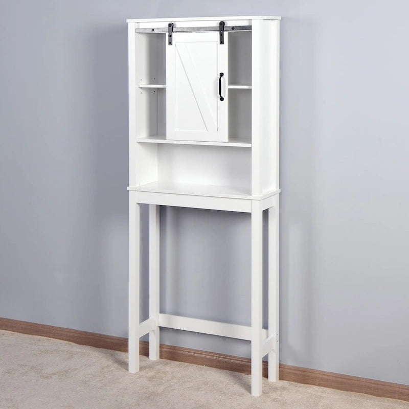 Meuble de rangement pour toilettes avec porte coulissante type « porte de grange », étagères réglables, blanc