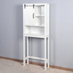Meuble de rangement pour toilettes avec porte coulissante type « porte de grange », étagères réglables, blanc