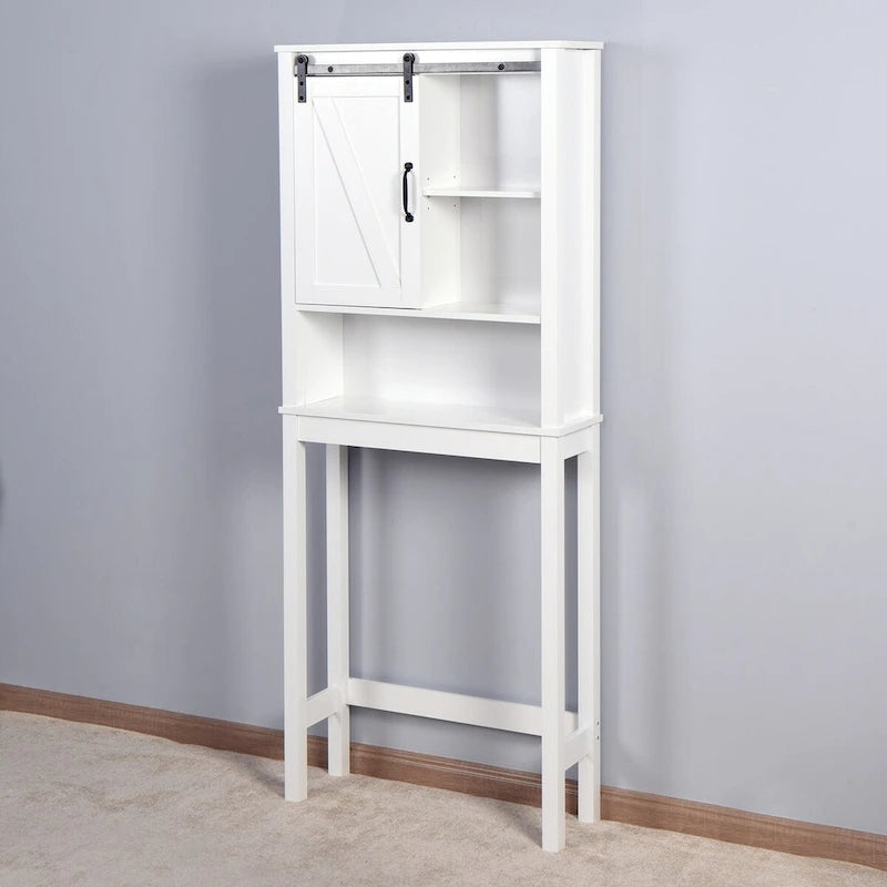 Meuble de rangement pour toilettes avec porte coulissante type « porte de grange », étagères réglables, blanc