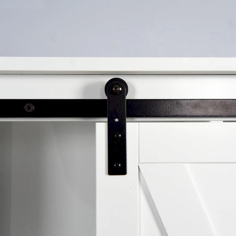Meuble de rangement pour toilettes avec porte coulissante type « porte de grange », étagères réglables, blanc