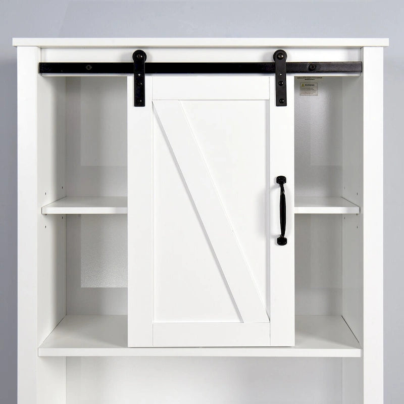Meuble de rangement pour toilettes avec porte coulissante type « porte de grange », étagères réglables, blanc
