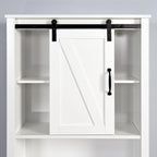 Meuble de rangement pour toilettes avec porte coulissante type « porte de grange », étagères réglables, blanc