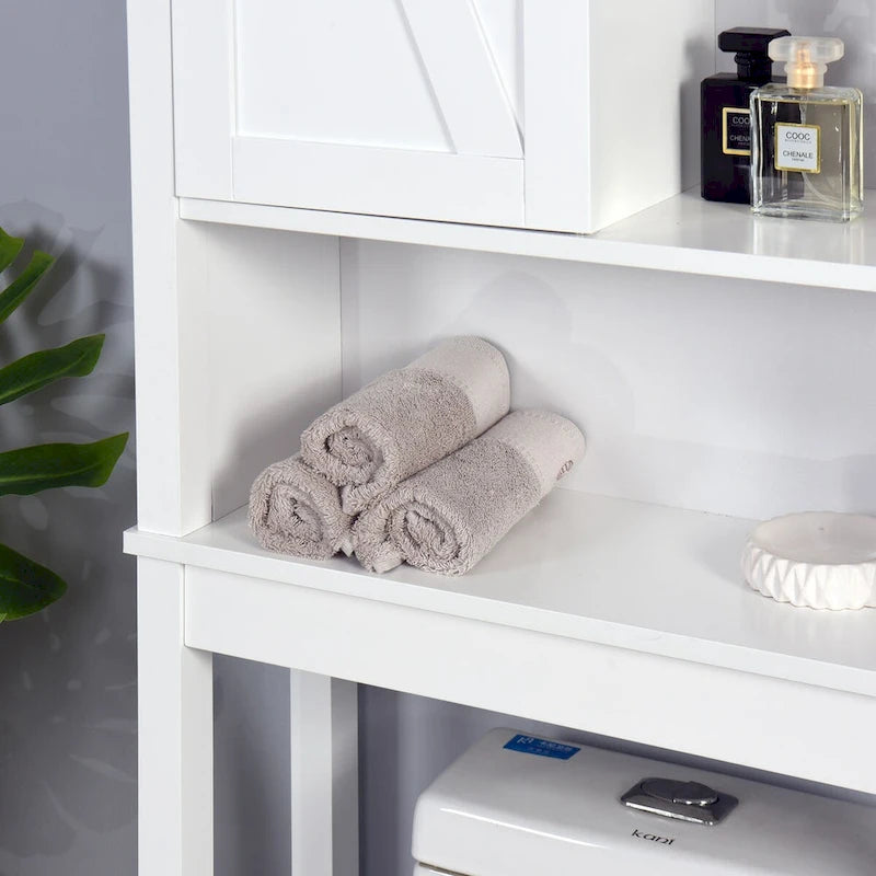 Meuble de rangement pour toilettes avec porte coulissante type « porte de grange », étagères réglables, blanc