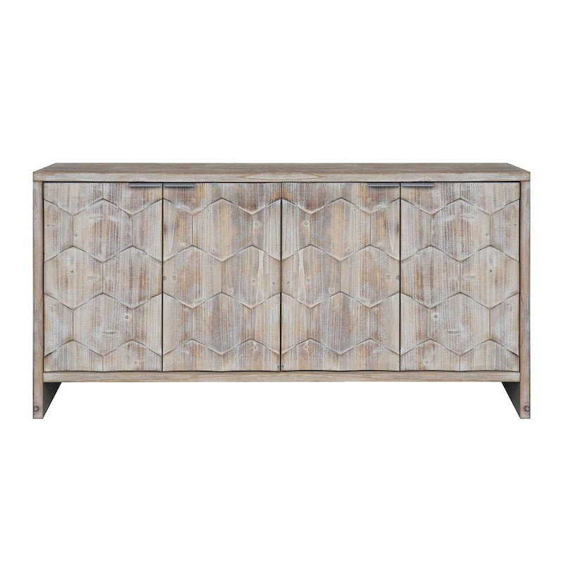 Bahut à 4 portes cannelées en bois naturel avec motif hexagonal