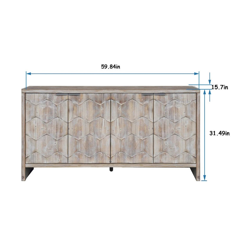 Bahut à 4 portes cannelées en bois naturel avec motif hexagonal