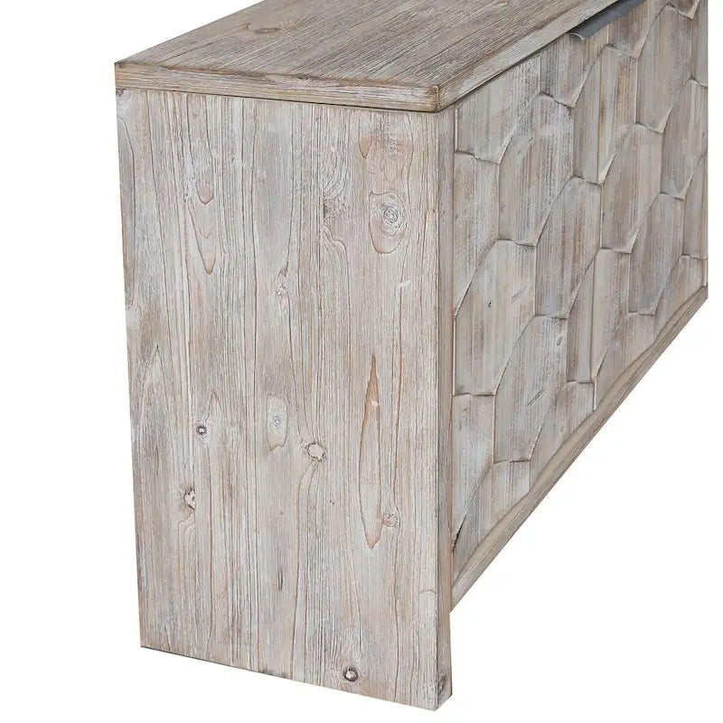 Bahut à 4 portes cannelées en bois naturel avec motif hexagonal