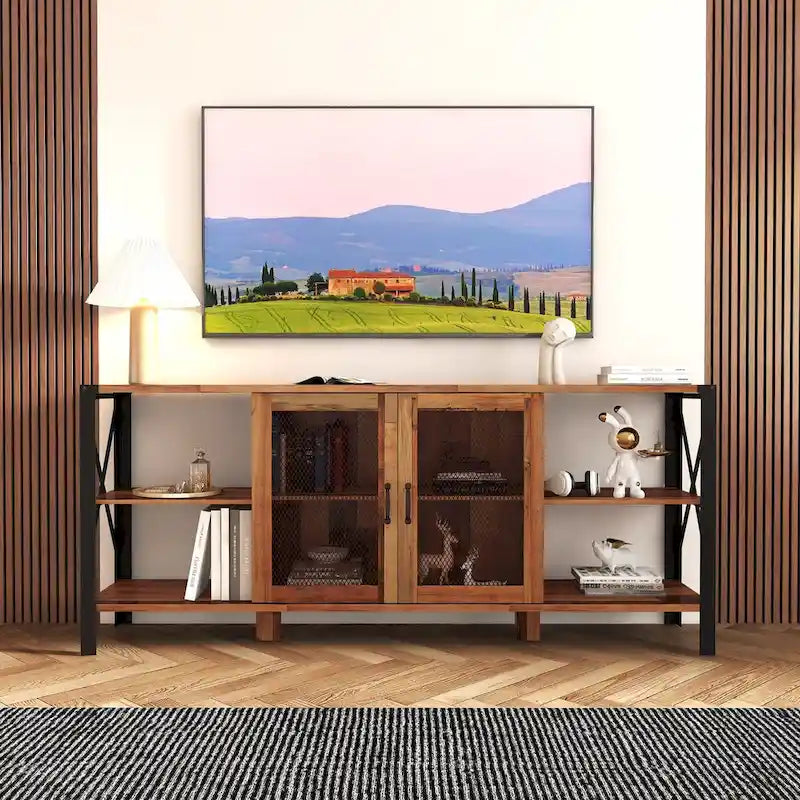 Meuble TV industriel avec portes d'armoire grillagées et étagères ouvertes, Noyer / Blanc / Expresso
