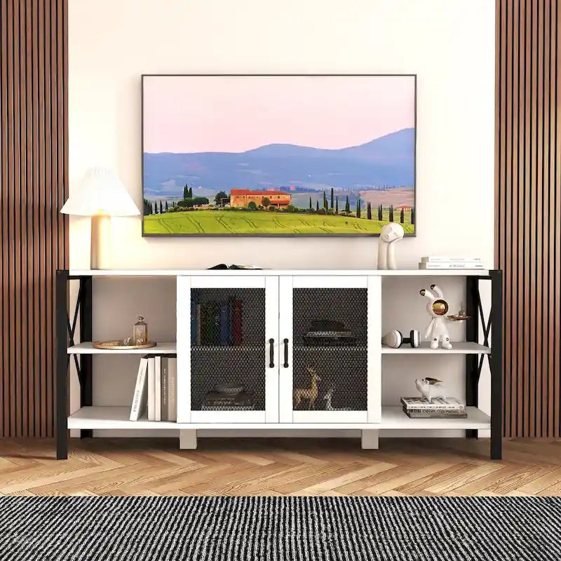 Meuble TV industriel avec portes d'armoire grillagées et étagères ouvertes, Noyer / Blanc / Expresso
