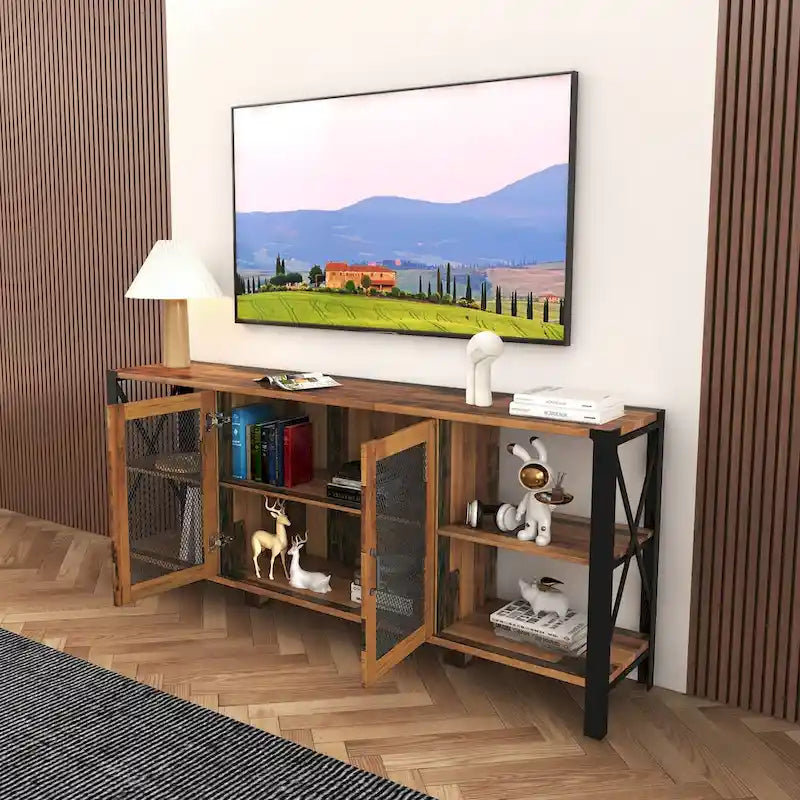 Meuble TV industriel avec portes d'armoire grillagées et étagères ouvertes, Noyer / Blanc / Expresso