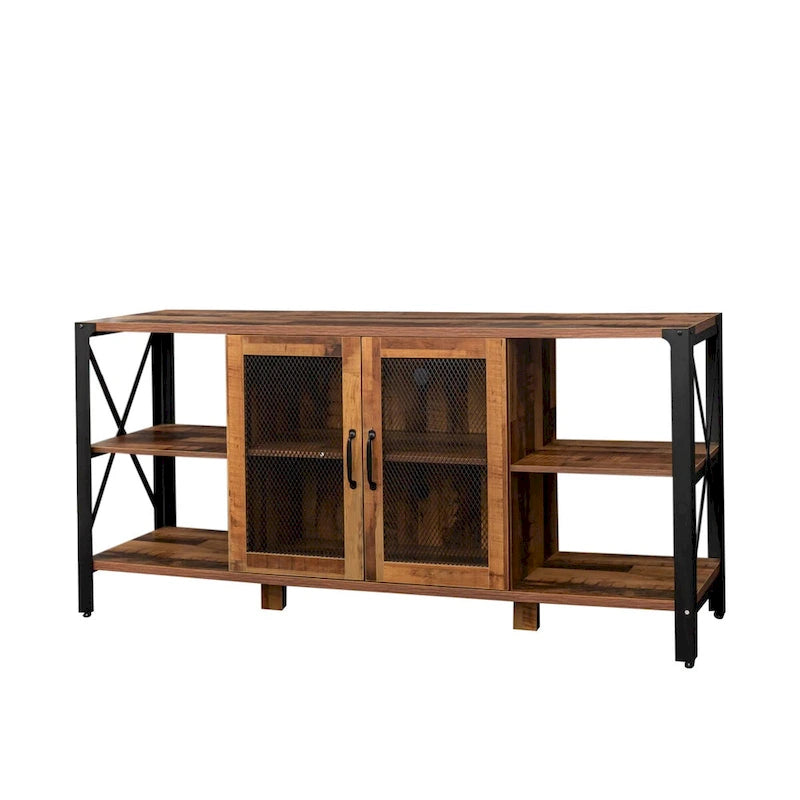 Meuble TV industriel avec portes d'armoire grillagées et étagères ouvertes, Noyer / Blanc / Expresso