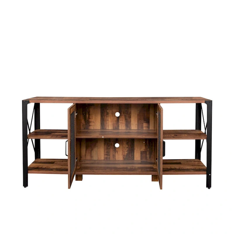 Meuble TV industriel avec portes d'armoire grillagées et étagères ouvertes, Noyer / Blanc / Expresso