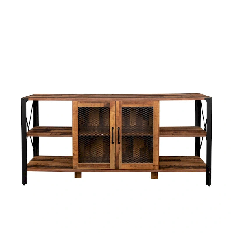 Meuble TV industriel avec portes d'armoire grillagées et étagères ouvertes, Noyer / Blanc / Expresso