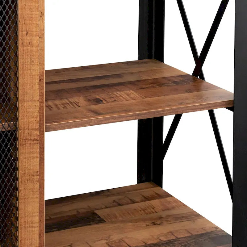 Meuble TV industriel avec portes d'armoire grillagées et étagères ouvertes, Noyer / Blanc / Expresso