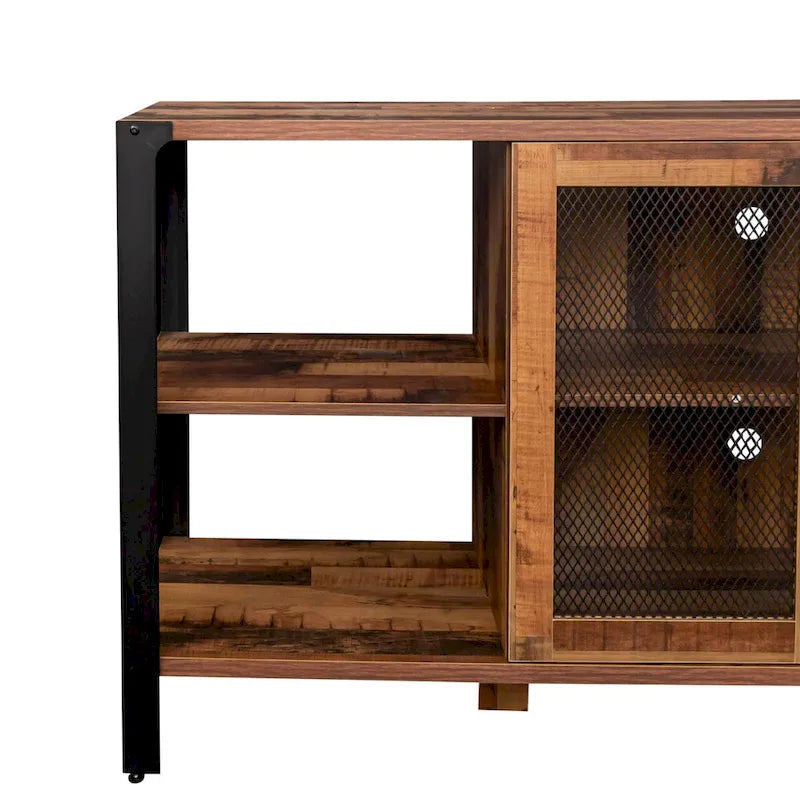 Meuble TV industriel avec portes d'armoire grillagées et étagères ouvertes, Noyer / Blanc / Expresso