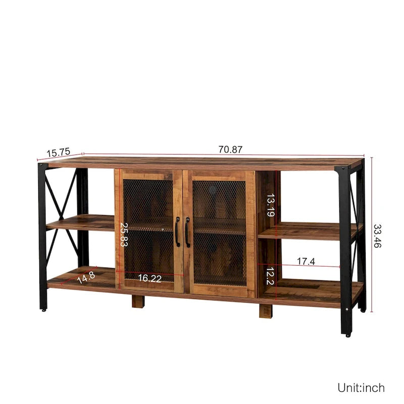 Meuble TV industriel avec portes d'armoire grillagées et étagères ouvertes, Noyer / Blanc / Expresso