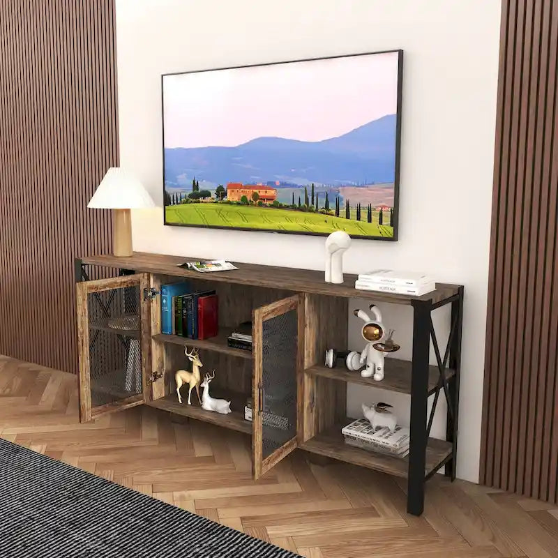 Meuble TV industriel avec portes d'armoire grillagées et étagères ouvertes, Noyer / Blanc / Expresso