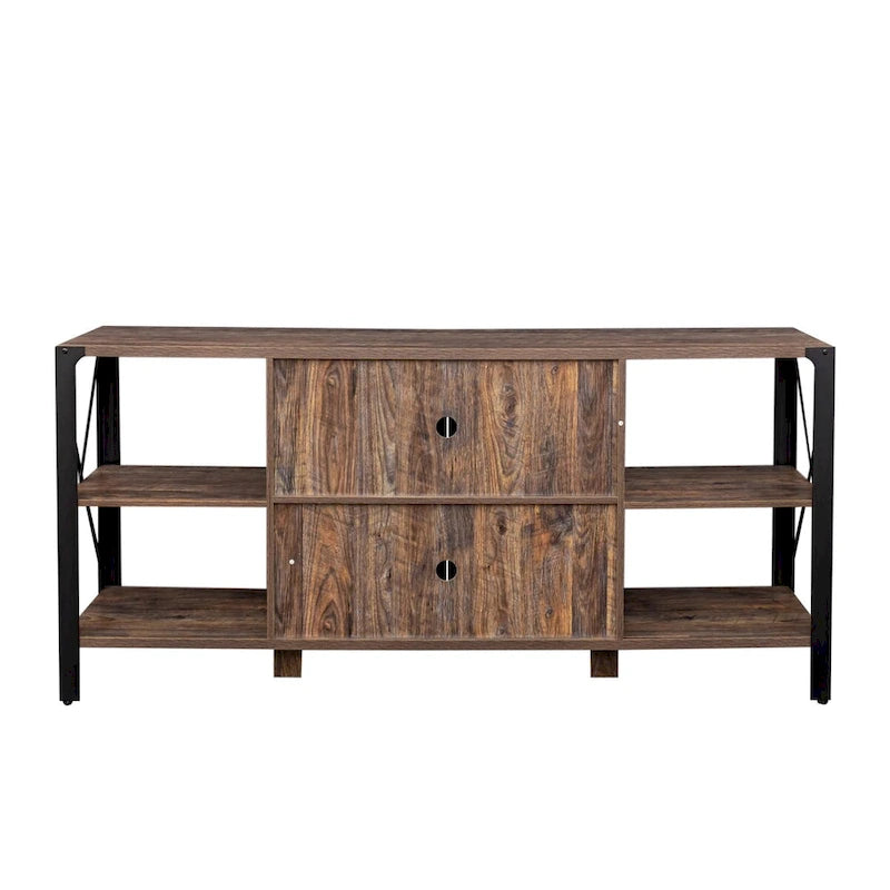 Meuble TV industriel avec portes d'armoire grillagées et étagères ouvertes, Noyer / Blanc / Expresso