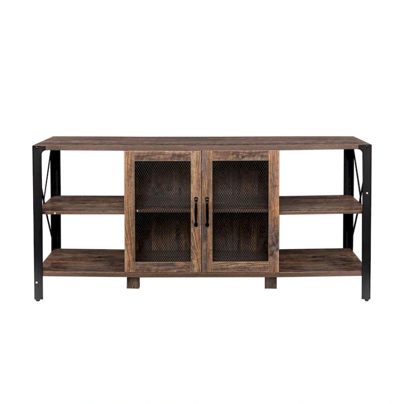 Meuble TV industriel avec portes d'armoire grillagées et étagères ouvertes, Noyer / Blanc / Expresso