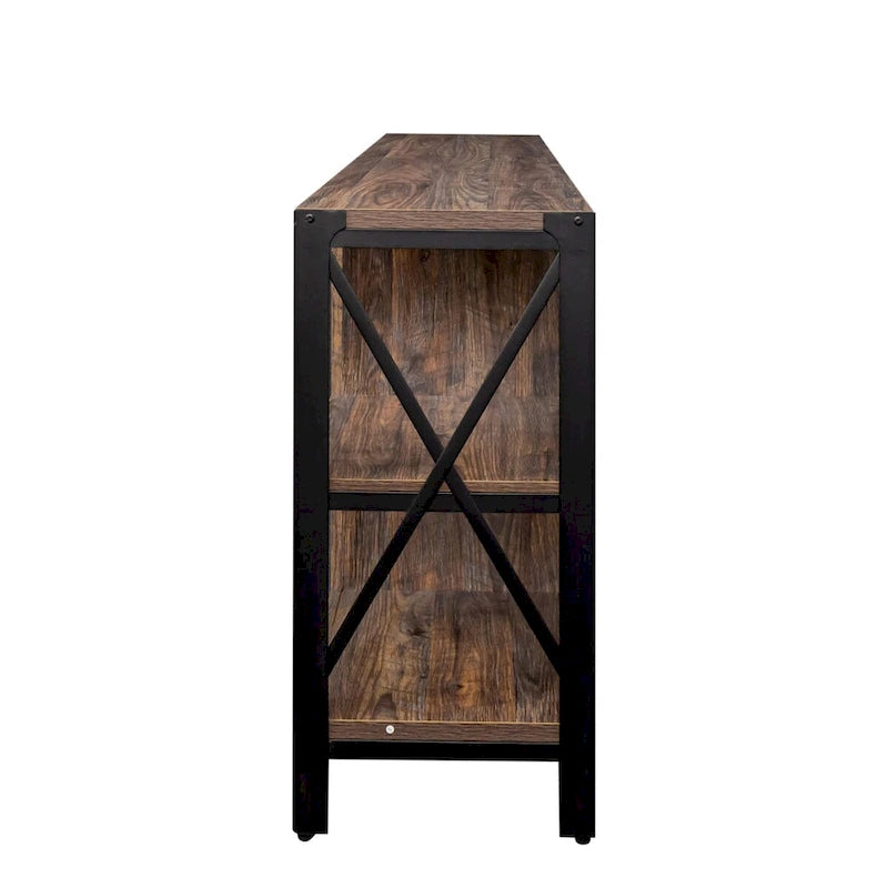 Meuble TV industriel avec portes d'armoire grillagées et étagères ouvertes, Noyer / Blanc / Expresso