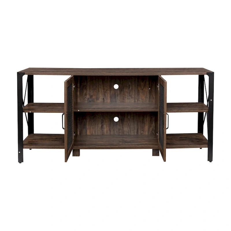 Meuble TV industriel avec portes d'armoire grillagées et étagères ouvertes, Noyer / Blanc / Expresso