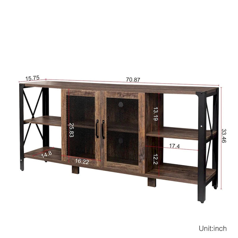 Meuble TV industriel avec portes d'armoire grillagées et étagères ouvertes, Noyer / Blanc / Expresso