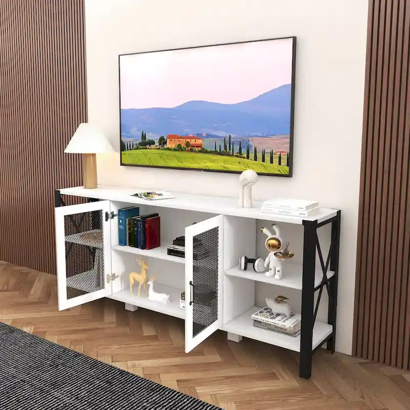 Meuble TV industriel avec portes d'armoire grillagées et étagères ouvertes, Noyer / Blanc / Expresso