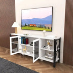 Meuble TV industriel avec portes d'armoire grillagées et étagères ouvertes, Noyer / Blanc / Expresso
