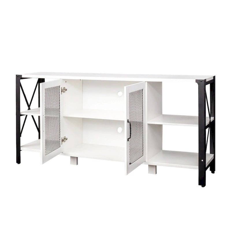Meuble TV industriel avec portes d'armoire grillagées et étagères ouvertes, Noyer / Blanc / Expresso