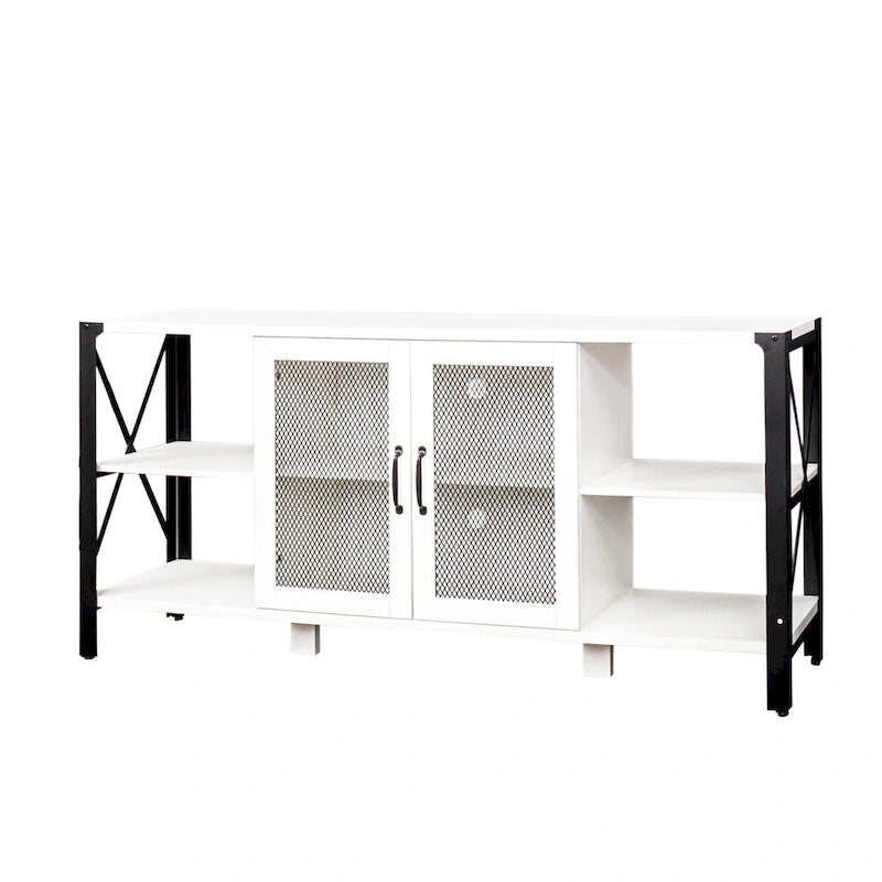 Meuble TV industriel avec portes d'armoire grillagées et étagères ouvertes, Noyer / Blanc / Expresso