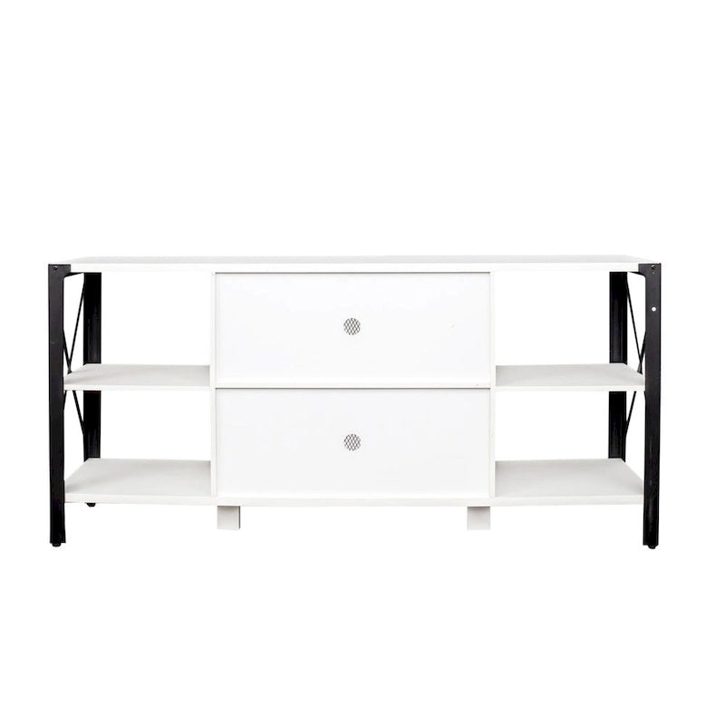 Meuble TV industriel avec portes d'armoire grillagées et étagères ouvertes, Noyer / Blanc / Expresso