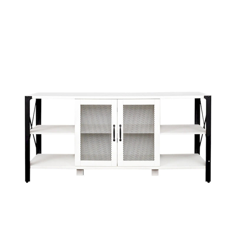 Meuble TV industriel avec portes d'armoire grillagées et étagères ouvertes, Noyer / Blanc / Expresso