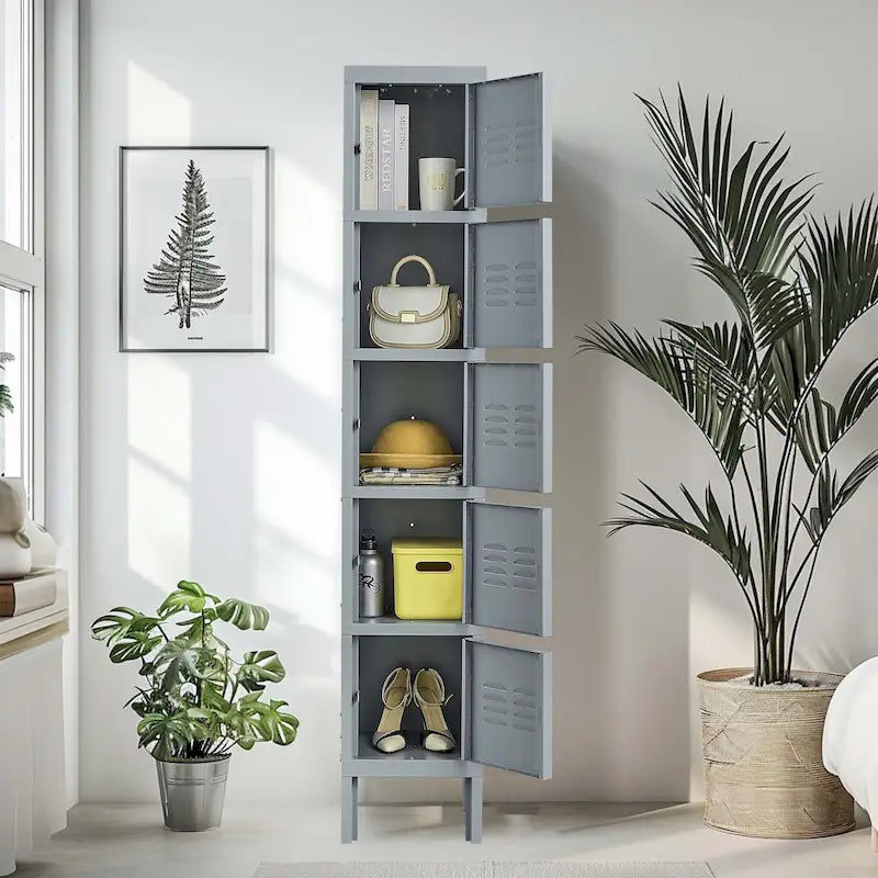 Casier de rangement en métal gris à 5 portes avec serrures individuelles, Armoire haute en acier
