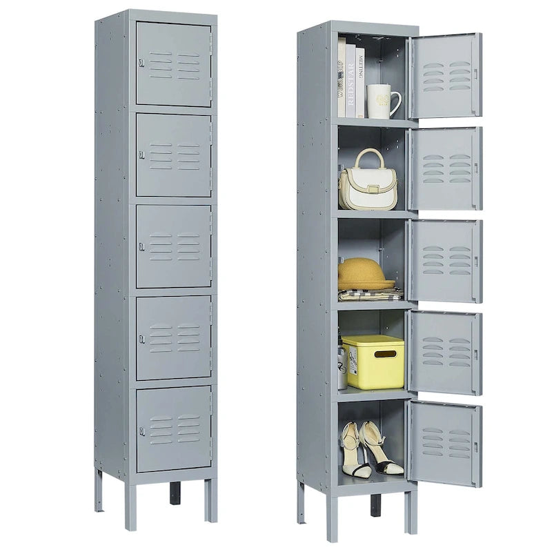 Casier de rangement en métal gris à 5 portes avec serrures individuelles, Armoire haute en acier