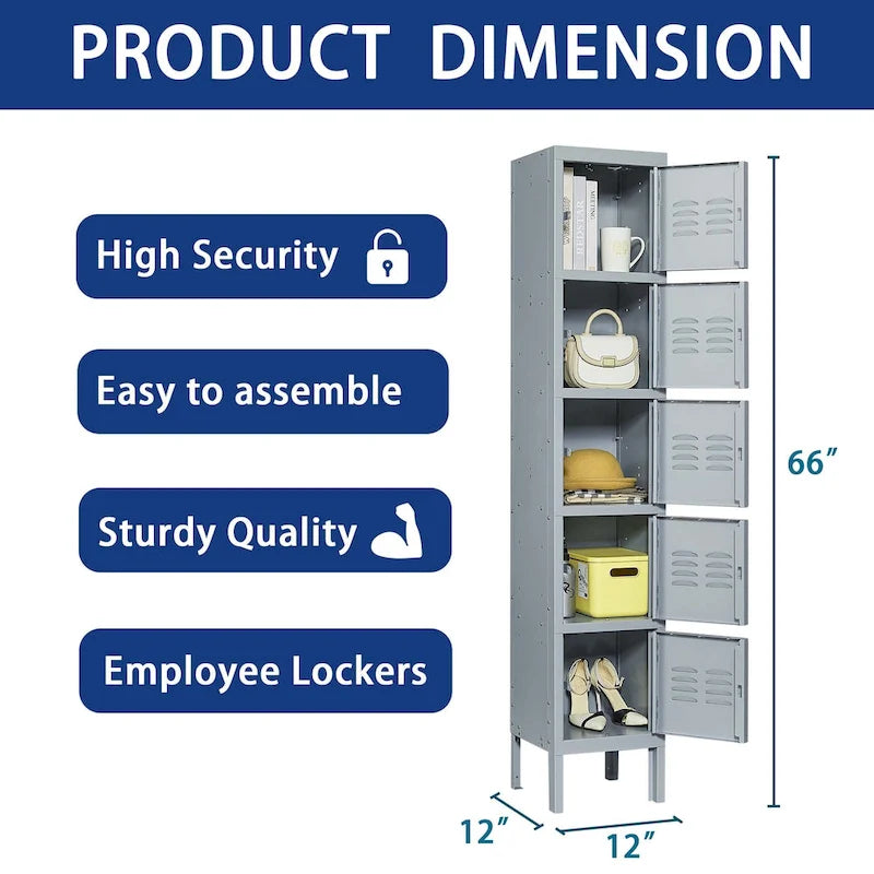 Casier de rangement en métal gris à 5 portes avec serrures individuelles, Armoire haute en acier